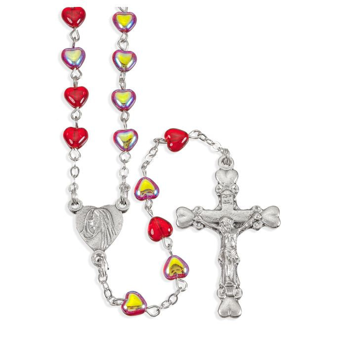 Red Iridescent Heart Shaped Bead Rosary