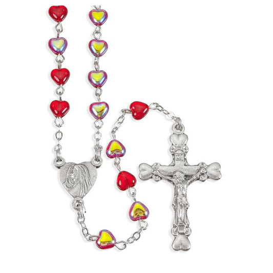 Red Iridescent Heart Shaped Bead Rosary