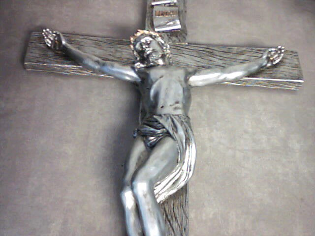 Crucifix pewter style with gold painted trim