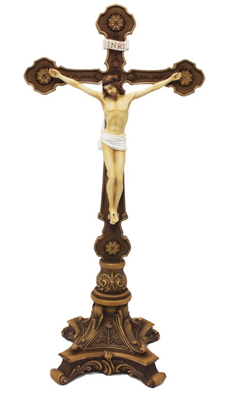 13 inch ornate standing crucifix in hand-painted color