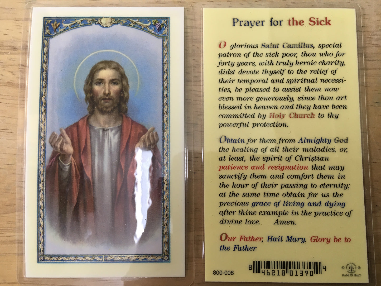 St. Camillus - Prayer for the Sick Holy Card