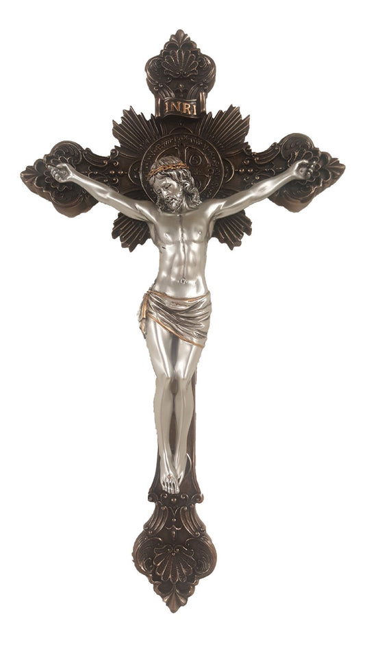 St. Benedict Crucifix, Pewter Style Corpus, Bronze Cross, 14"