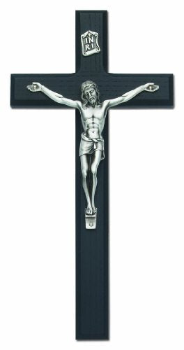 Black Stained Wood Cross with Silver Finish Corpus - 10" Crucifix