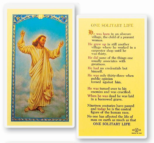 One Solitary Life , Prayer - Laminated Holy Card