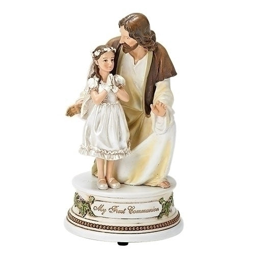 7.25" First  Holy Communion Jesus and Girl Musical Statue