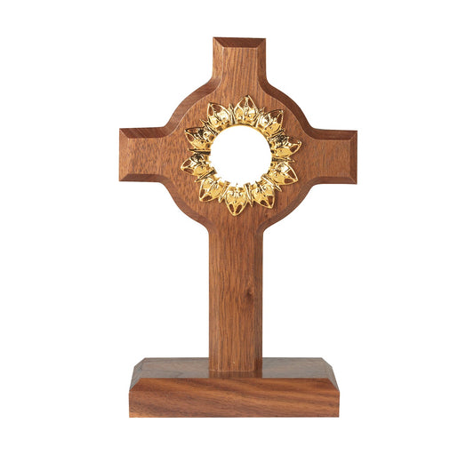 Walnut Wood Reliquary Cross 7.5" with Gold Plated Insert Relic Holder