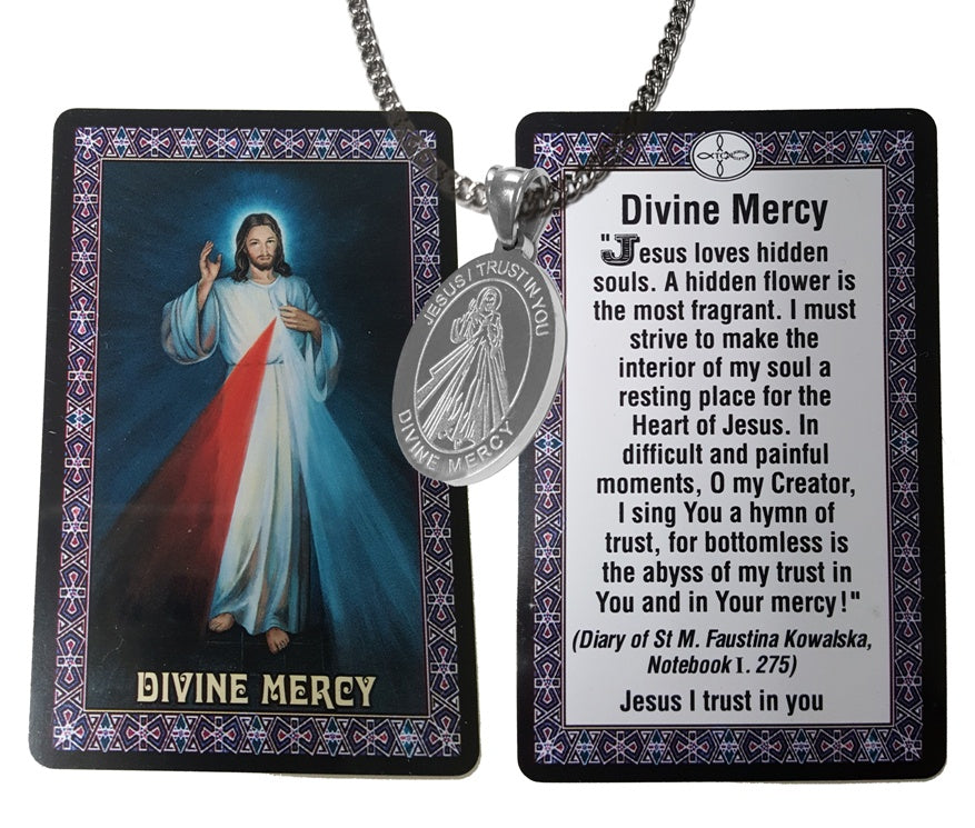 Divine Mercy: Stainless Steel Medal Necklace 20″ Chain and Holy Card