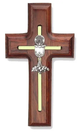 First Communion cross in rosewood with gold inlay and silver chalice