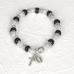 Black Rosary Bracelet with Pearl beads and Miraculous and crucifix medals