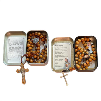 Wood Bead Rosary with Tin Prayer Case