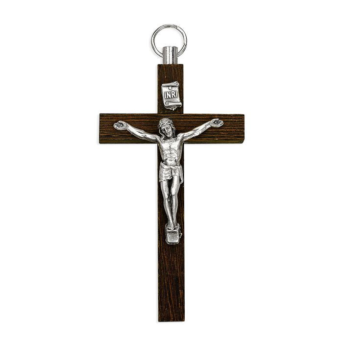 3 1/4" Italian Brown Wood Cross with a Silver Oxidized Corpus