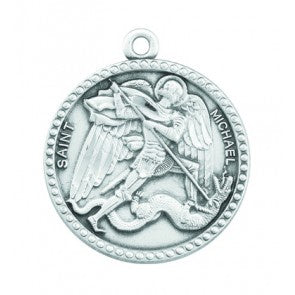 St. Michael the Archangel sterling silver medal with roped edge and 24 inch stainless steel chain