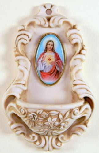 Sacred Heart of Jesus resin holy water font with enamel picture