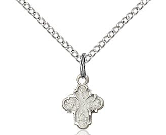 4 way medal with 18 inch chain, both sterling silver for baby or small child