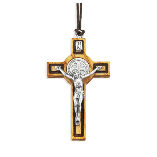 St. Benedict Olive Wood Crucifix Necklace