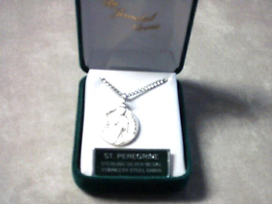 St. Peregrine round sterling silver medal on 18 inch stainless steel chain