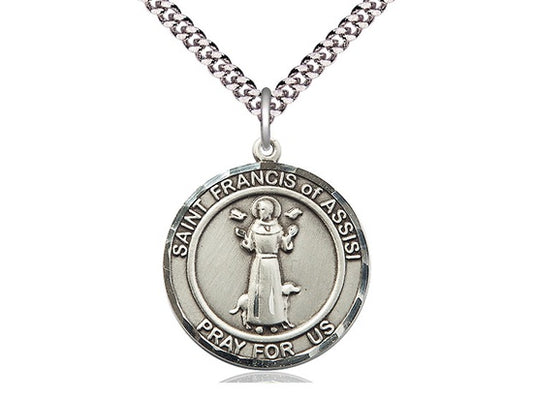 Sterling Silver Round St. Francis Medal with 24" Rhodium Chain