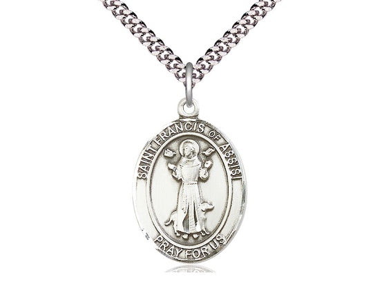 St. Francis of Assisi Oval Sterling Silver Medal with Rhodium Chain