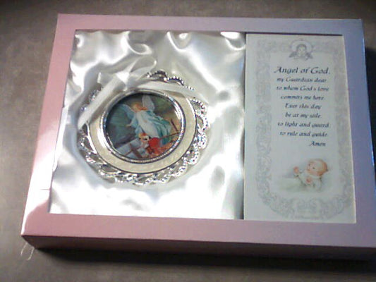 Guardian Angel crib medal with white enamel and ribbon