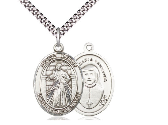 Divine Mercy and St. Faustina Oval Sterling Silver Medal on Rhodium Chain