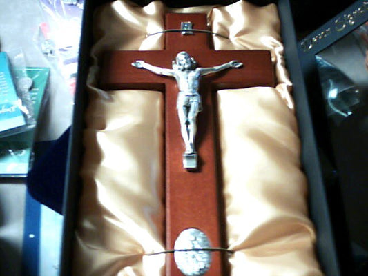 9 inch Cherry wood Crucifix with St. Michael emblem at base