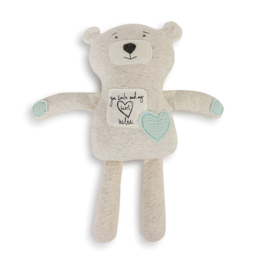 Stuffed bear with heart and patch that says, " Smile and my heart melts " for boy