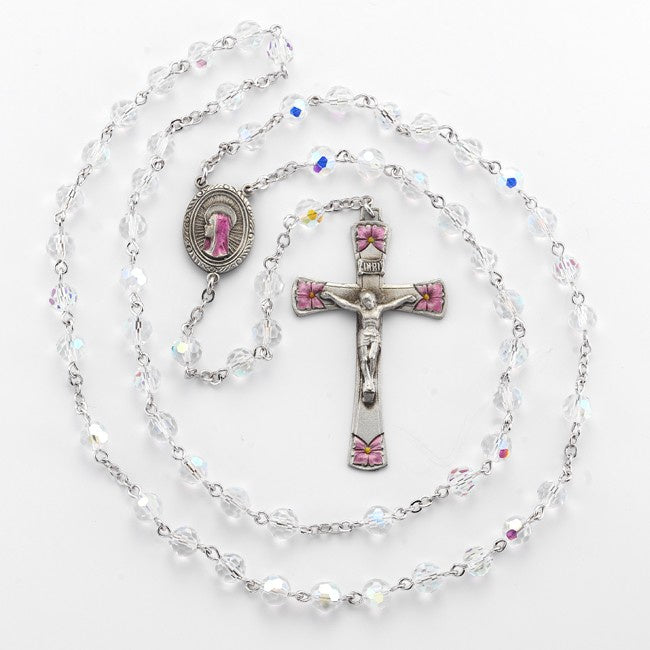 Crystal Bead New England Pink enameled Pewter Rosary-