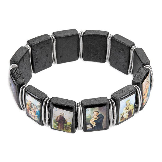 Patron Saint Picture Black Wood Bead Bracelet