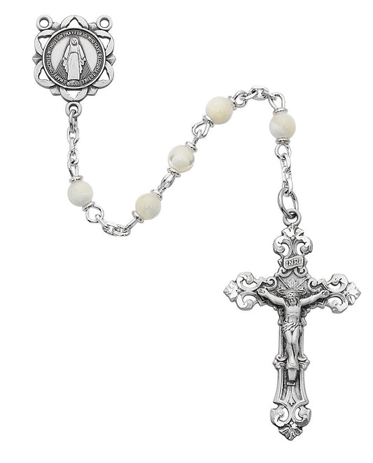 GENUINE MOTHER OF PEARL ROSARY WITH STERLING SILVER CRUCIFIX AND CENTER