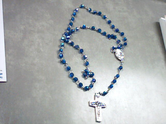 Rosary in blue crystal with Pope Francis center and papal crucifix