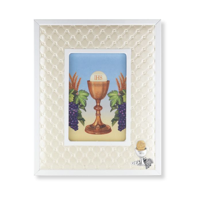 Communion Frame with Chalice and Grapes on White Padded Boarder - 8" x 10"