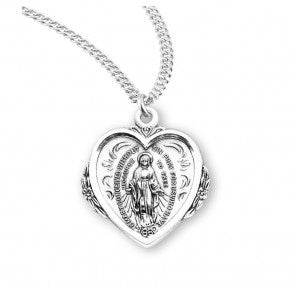 Miraculous Medal heart shaped medal  in sterling silver