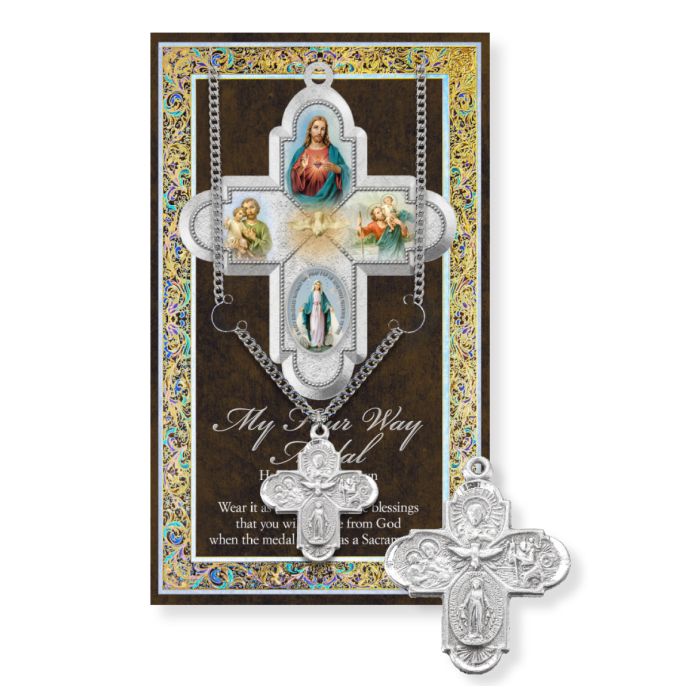 Four Way Cross Pewter Medal Necklace with Pamphlet - 24" Chain