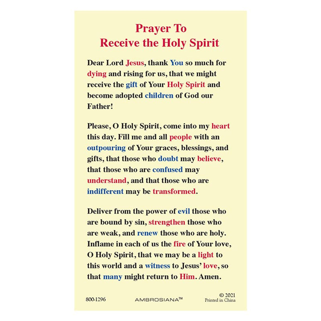 Prayer To Receive the Holy Spirit Holy Card