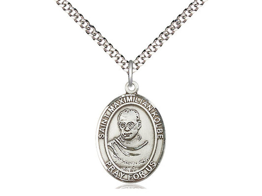 St. Maximilian Kolbe, Oval Sterling Silver Medal with Chain