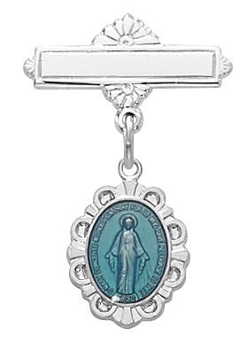 Miraculous Medal baby pin in sterling silver and blue enamel