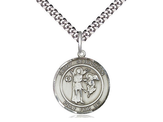 St. Sebastian Round Sterling Silver Medal with Rhodium Chain