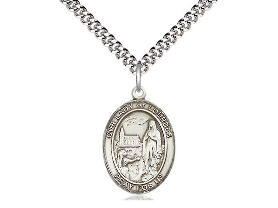 Our Lady of Lourdes Sterling Silver Medal with 24" Rhodium Chain