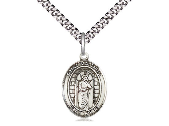 St. Matthias The Apostle Sterling Silver Medal on Rhodium Chain