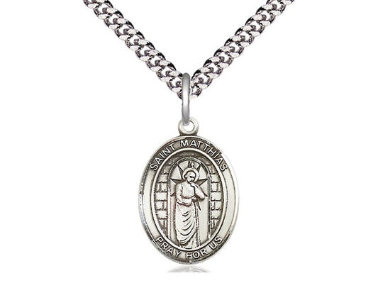 St. Matthias The Apostle Sterling Silver Medal on Rhodium Chain