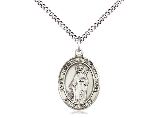 St. Catherine of Alexandria Sterling Silver Medal on Rhodium Chain