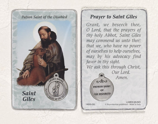 St. Giles Holy card with medal - patron saint of the disabled