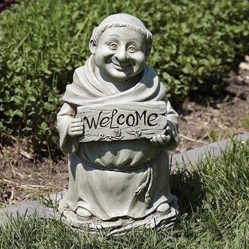 Monk with Welcome Sign - 12" Outdoor Statue