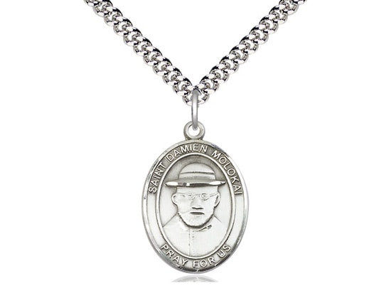 St. Damien of Molokai Sterling Silver Medal with 24" Rhodium Chain