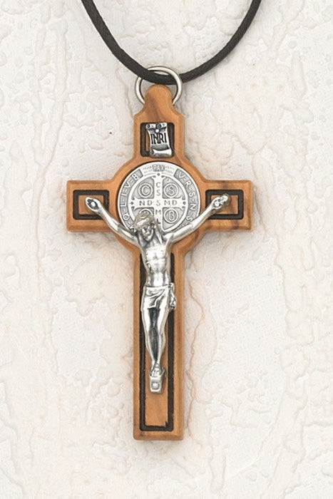 Saint Benedict Classic Carved Wood Cross - Silver Tone Medal