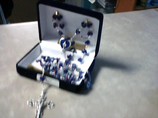 Blue heart rosary with enamel center and deluxe crucifix