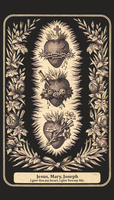 The Three Hearts Holy Card - Hearts of Jesus, Mary and Joseph