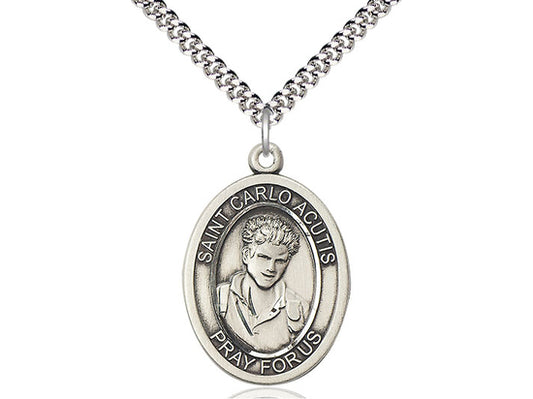 St. Carlo Acutis Sterling Silver Medal with Rhodium Chain