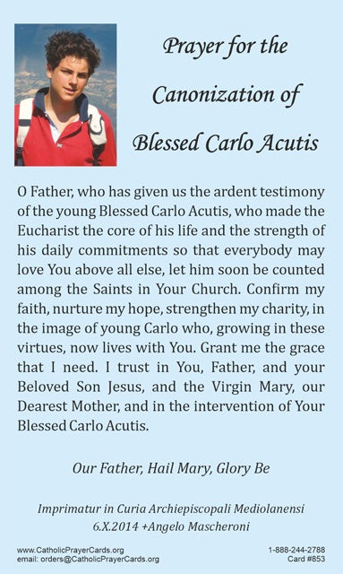 Blessed Carlo Acutis: Prayer for Canonization - Holy Card with English and Spanish Prayer