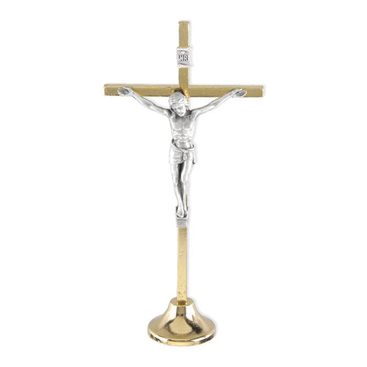 5" Brass Standing Gold Plated Crucifix with Silver Oxidized Corpus